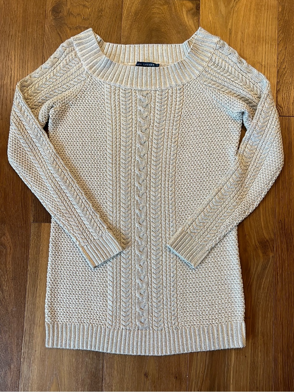 💙Ralph Lauren Blue Label Metallic Cream Cable-Knit Scoop Neck Tunic Sweater RARE